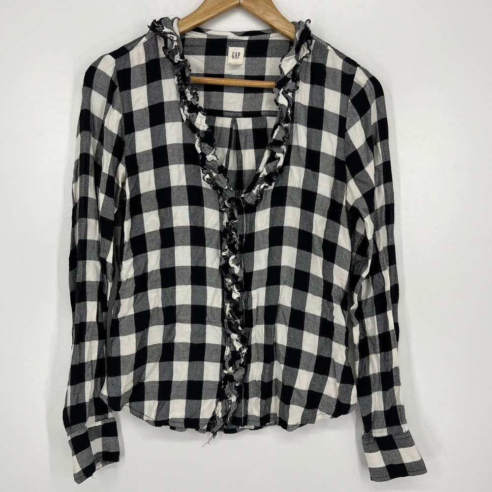 GAP Womens XS Black White Buffalo Plaid Ruffle Trim Long Sleeve Blouse Top